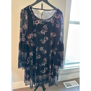 NWT Style & Co Garden Falls Floral Mesh Bell Sleeve Dress Black 1X Macy's